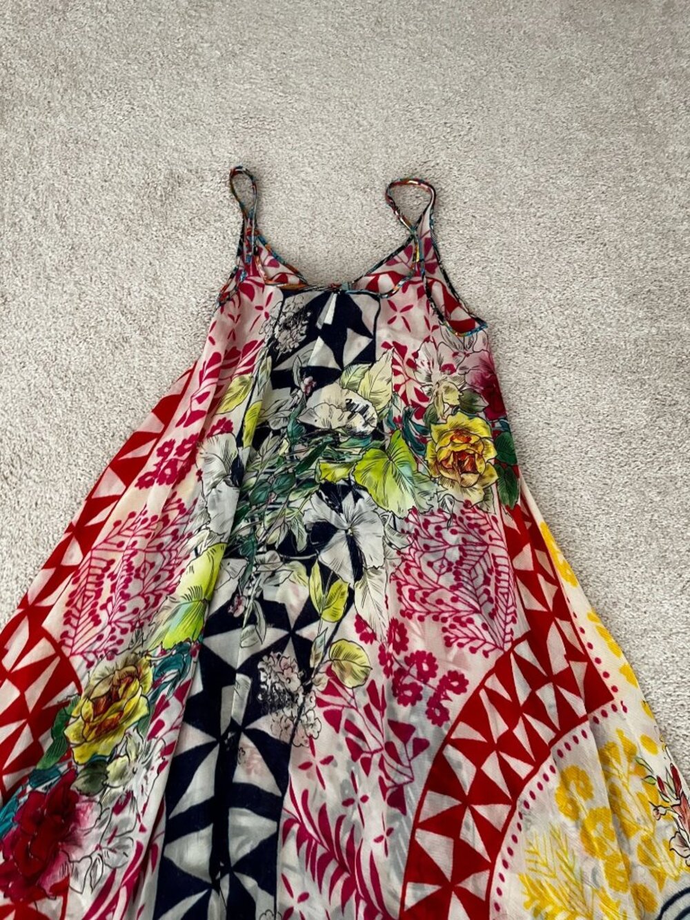 Johnny Was Red Yellow Multicolor Floral Patchwork Midi Dress - Picture 6 of 8